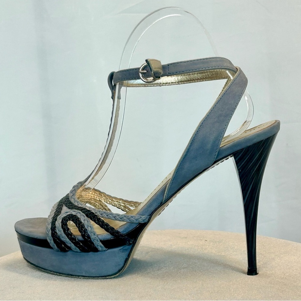 Napoleoni black blue suede braided strappy stiletto platform high heel sandals